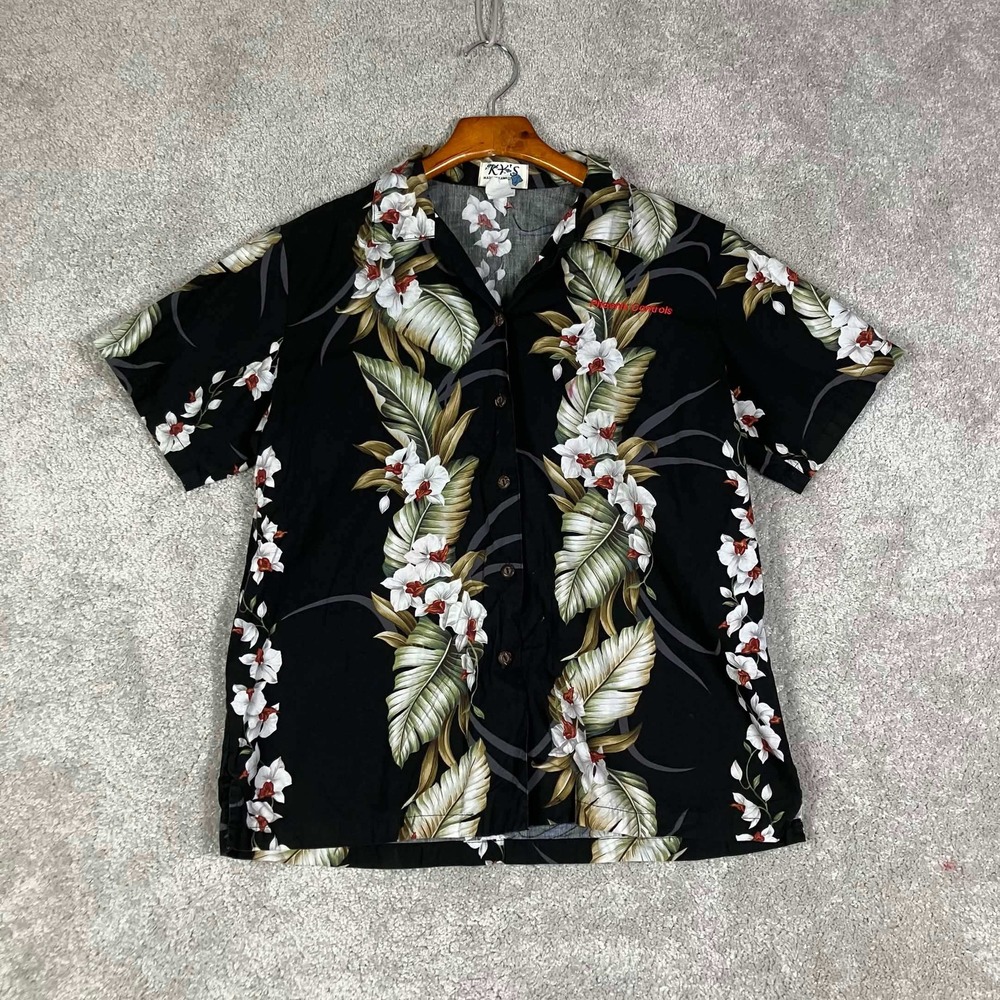 KY's Hawaiian Shirt Mens Small Black Floral Short Sleeve Cotton Phoenix Controls